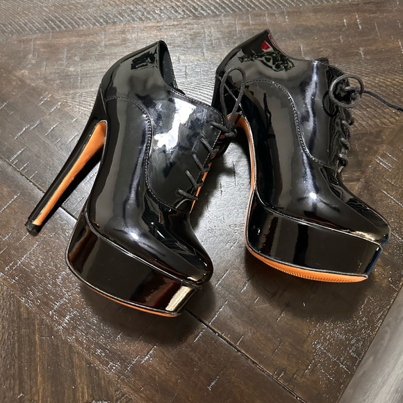 Platform Lace Up Stiletto High Heels Black Patent Leather Ankle Bootie - Picture 3 of 4